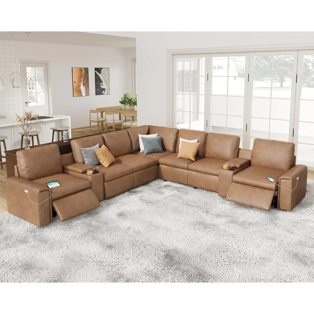 Power Recliner, Reclining Sectional Couch with Console& Dual Recliner, Thick Armrest,7 Seats L Shaped Couch with Cup Holder& USB