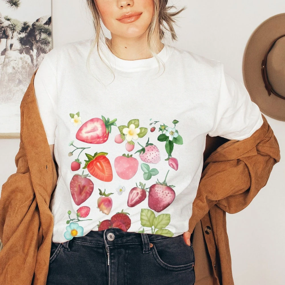 

Футболка с акварелью и клубникой, белая футболка со свежими фруктами и цветами, повседневный свободный топ с короткими рукавами, милый летний удобный топ