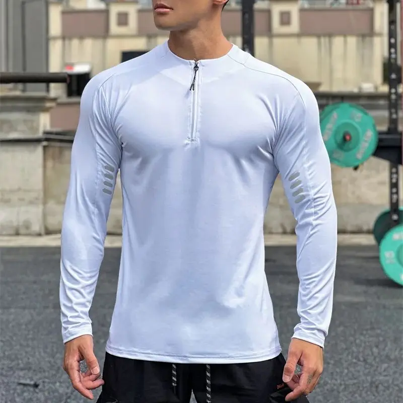 New casual men's long sleeve T-shirt zipper neckline stretch sportswear reflective strip design fitness jacket men's wear