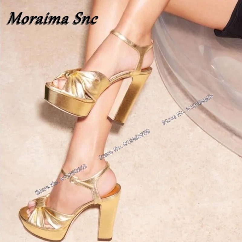 

Moraima Snc Gold Platform Bow Knot Sandals for Women Solid Thick High Heels Shoes Ankle Buckle Open Toe New Women Chunky Heels