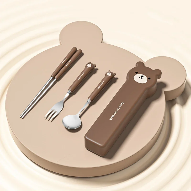 

Cartoon Bear Cutlery Set with Case Stainless Steel Kids Fork Spoon Portable Cutlery Set Travel Tableware Reusable Flatware