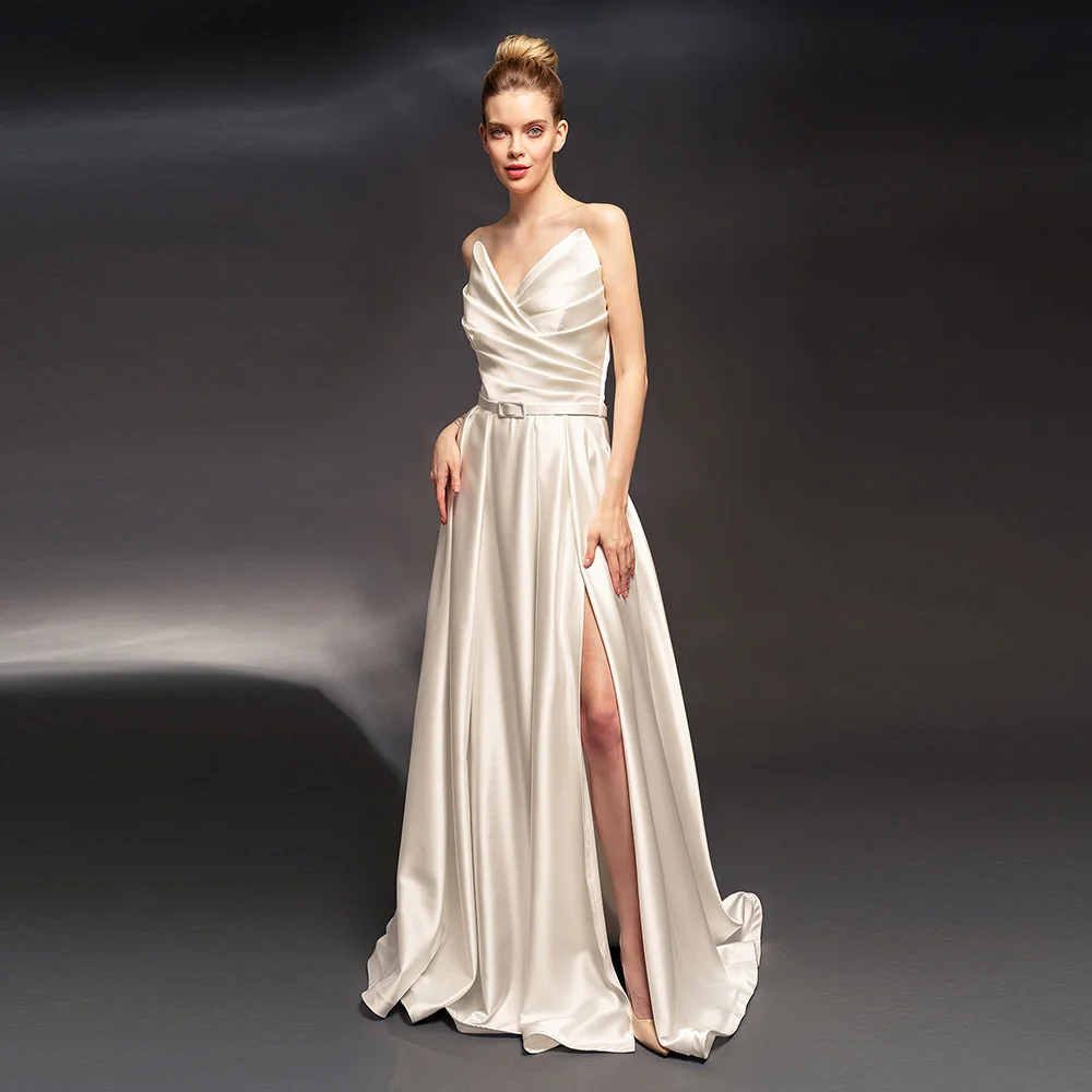 

Sexy Split Satin Evening Dresses For Woman 2024 Wedding Party Pleat Floor Length Sleeveless Draped Custom A Line Celebrity Gown