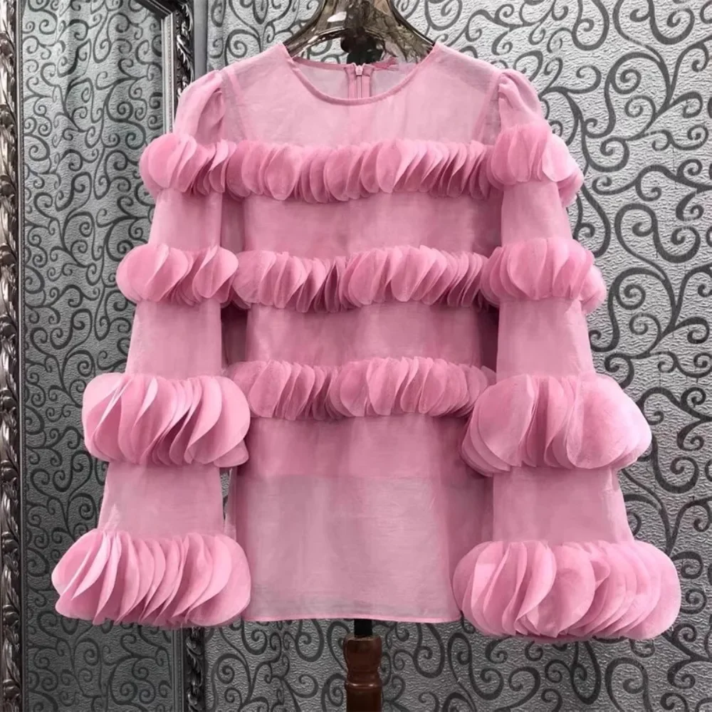 2025 Spring Unique Fresh Exquisite Women Clothing New Sweet All-match Top Personalized Long Sleeve Ruched Chiffon Shirt