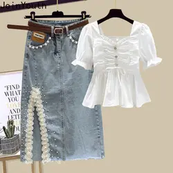 Fashion Summer Clothing Puff Sleeve Folds White Blouses High Waist Beading Bodycon Denim Skirt Outftis Korean Casual Y2k Suit