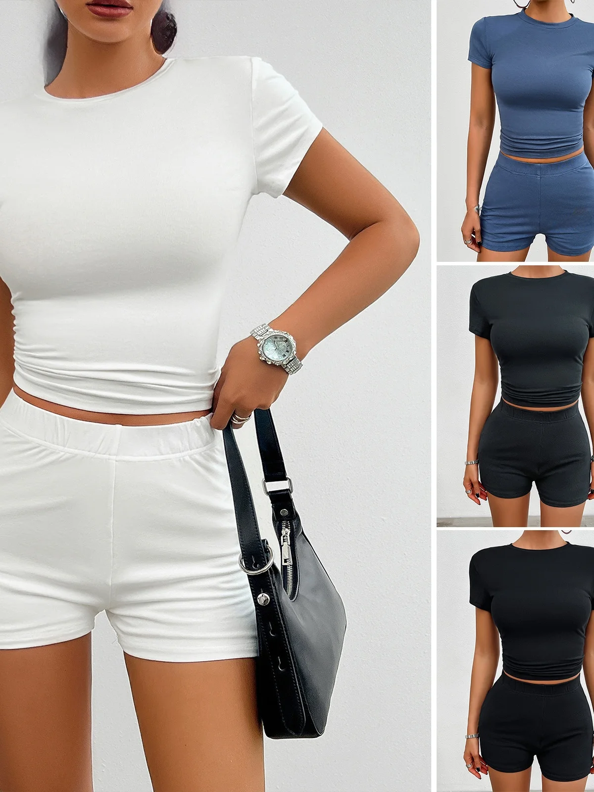 

Сексуальный облегающий комплект из футболки и шорт для женщин: повседневная спортивная одежда, комплект из двух предметов, топ с круглым вырезом и коротким рукавом