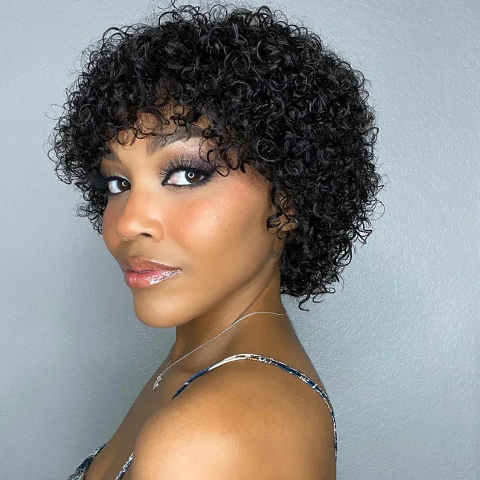 Remy Forte Afro Kinky Curly Short Bob Wig Human Hair Water Wave Pixie Cut Bob Human Hair Wig Natural Black Full Machine Made Wig