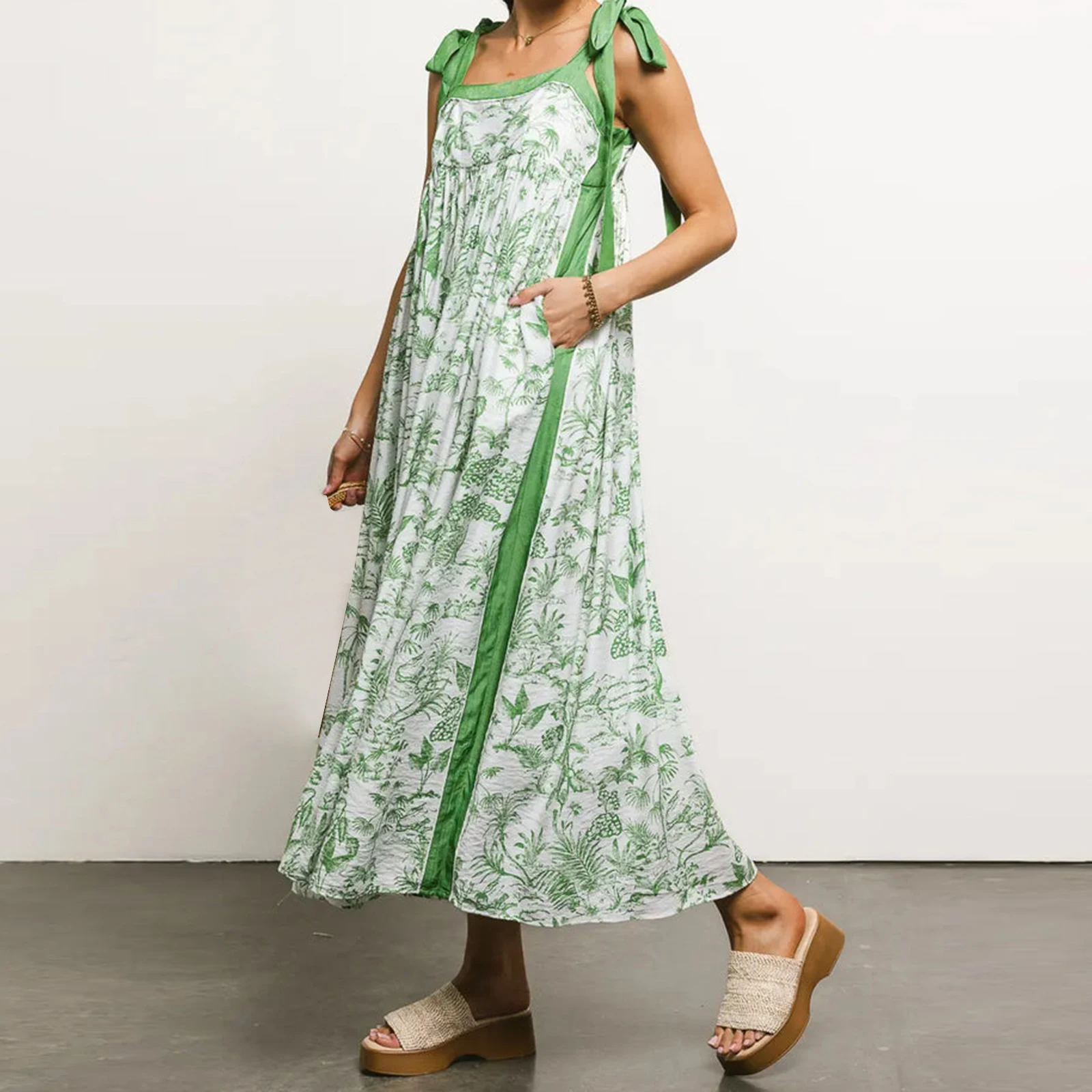 Women Sleeveless Wide Shoulder Straps Tied Plants Print Contrast Color Summer A-line Tank Long Dress for Daily Party