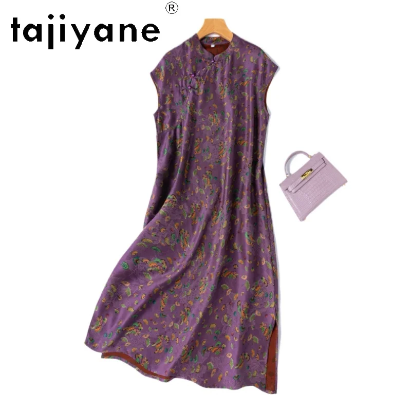

TAJIYANE 100% Mulberry Silk Dresses 2025 Woman Summer Purple Printed Long Dress Vacation Frocks Women Clothing платье женское