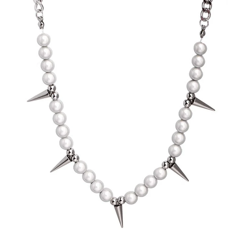 

Reflective Pearl Beads Necklace Stainless Steel Chains Rivet Choker Necklace for Women Men Punk Collar Chain Gothic Accessories