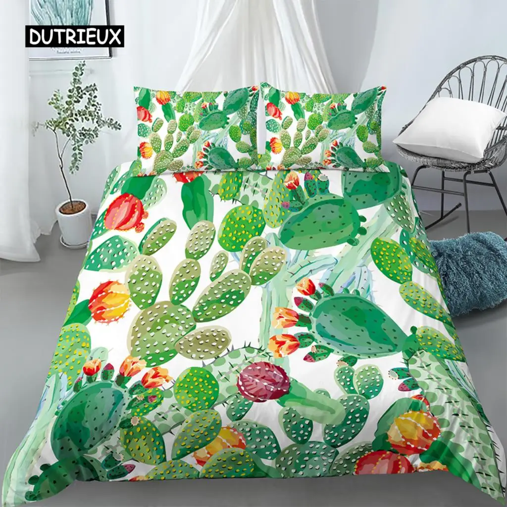 Cartoon Cactus Pattern Duvet Cover Green Plants Quilt Cover Soft Comfortable Duvet Cover For Women Men Kids Bedroom Decoration