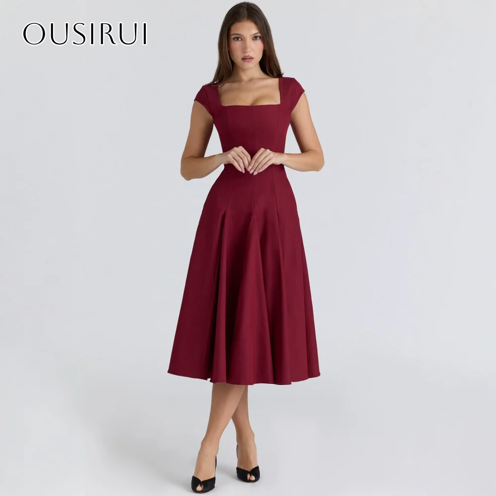 Robe de Cocktail trapèze en Satin, manches cape, longueur thé, Corset plissé au dos, robe de bal personnalisée