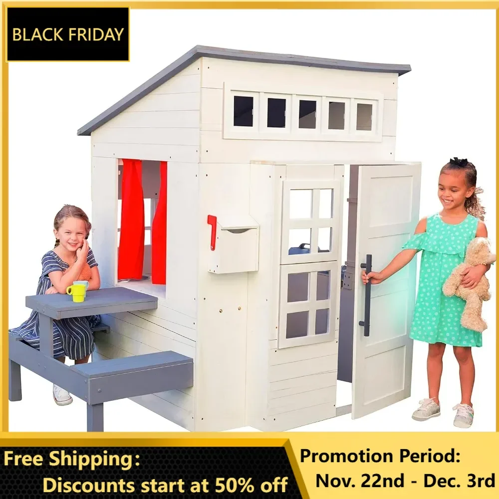 

Modern Outdoor Wooden Playhouse with Picnic Table, Mailbox and Outdoor Grill, Easy To Assembly, Playhouses for Kids