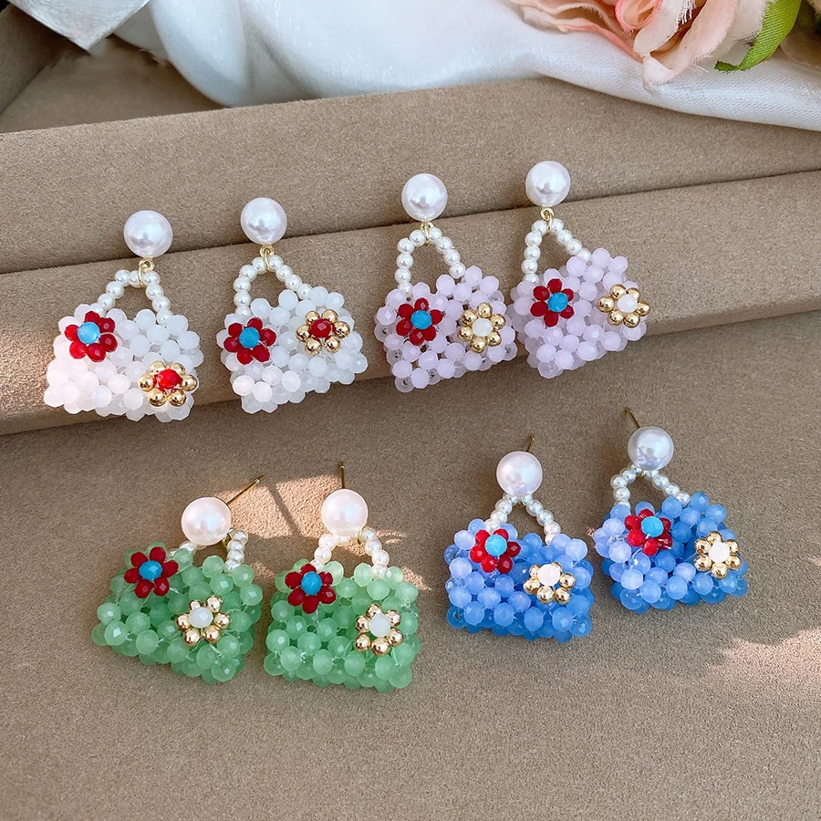 

Vintage French Crystal Beaded Bag Pearl Earrings Luxury Advanced Sense Personality Unique Female Ear Studs
