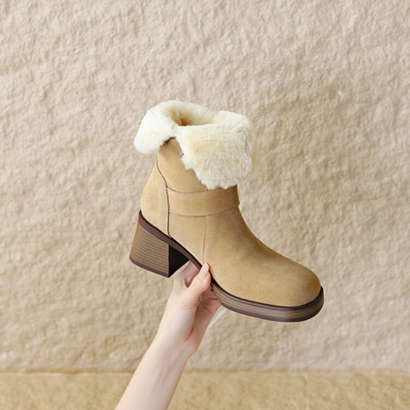 Scarpe da donna invernali punta tonda tacco spesso stivali corti da donna scarpe in pelle scamosciata di mucca per donna stivali con plateau in lana