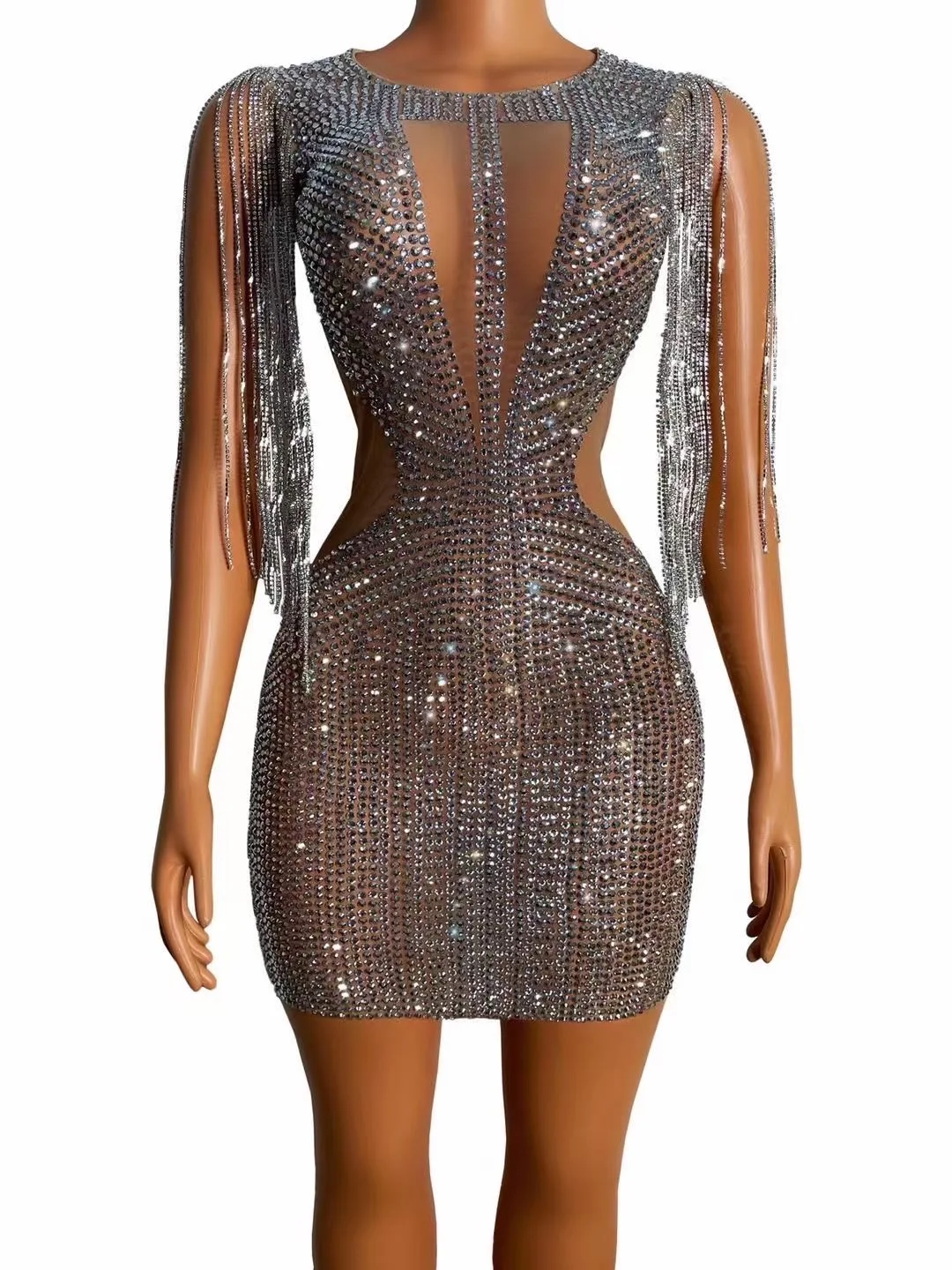 

Nude Shining Rhinestones Sleeveless Tassel Sexy Sheath Dress For Women Nightclub Party Singer Stage Costumes Wear