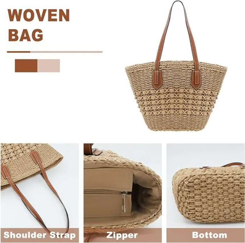 New Women's Straw Shoulder Bag Large Rattan Crochet Woven Totes Summer Travel Beach Handbag Hollow Handmade Top Handle Purse - view 2
