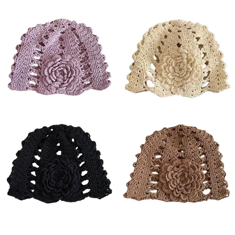 Elegant Headwrap Pullover Hat Breathable Hat Crocheted Casual Hat Holiday Breathable Hat Headwrap Flower