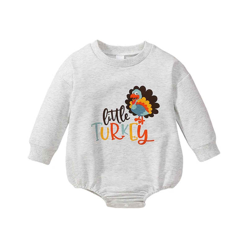 

Baby Thanksgiving Casual Romper Long Sleeve Round Neck Letter Turkey Print Romper