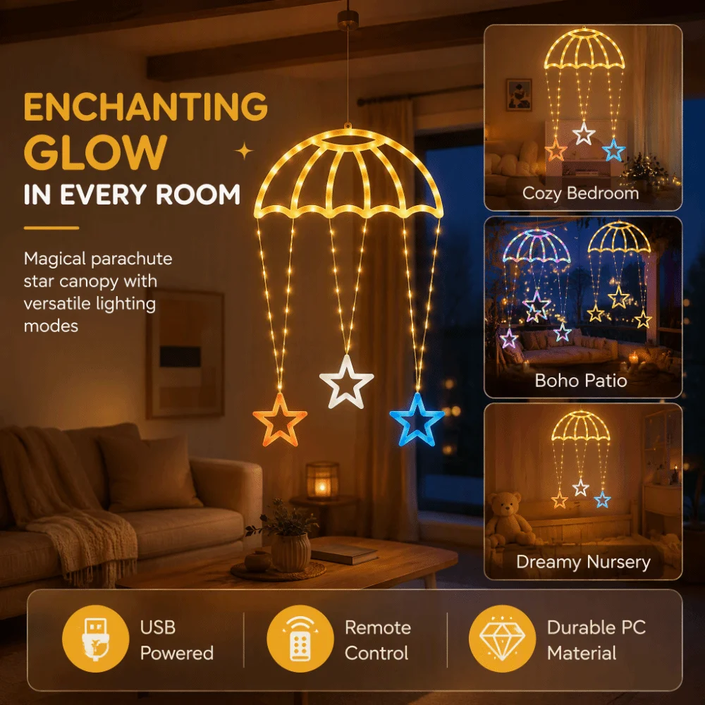 8 Modes of Lighting Parachute Star Lantern Warm/Colorful Light Usb Powered LED Christmas Parachute Lights Hanging Lamp Romantic