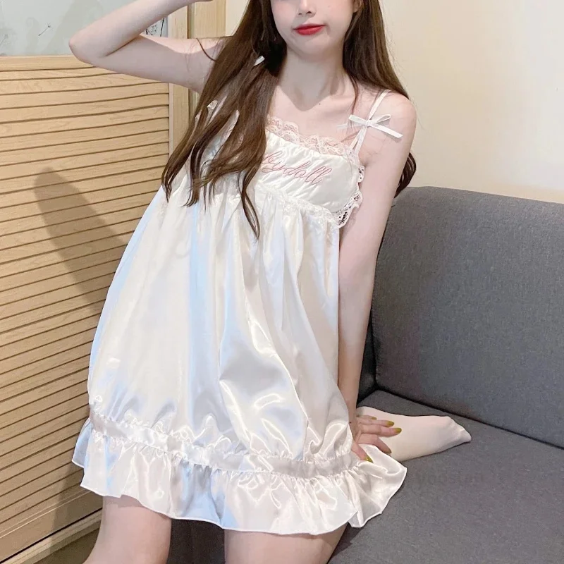 Teen White Mini Dress Pajamas Sweet Lace Sleepshirts Girl Nigthgowns Femme Anime Lolita Nigthdress Women Underwear Gift New