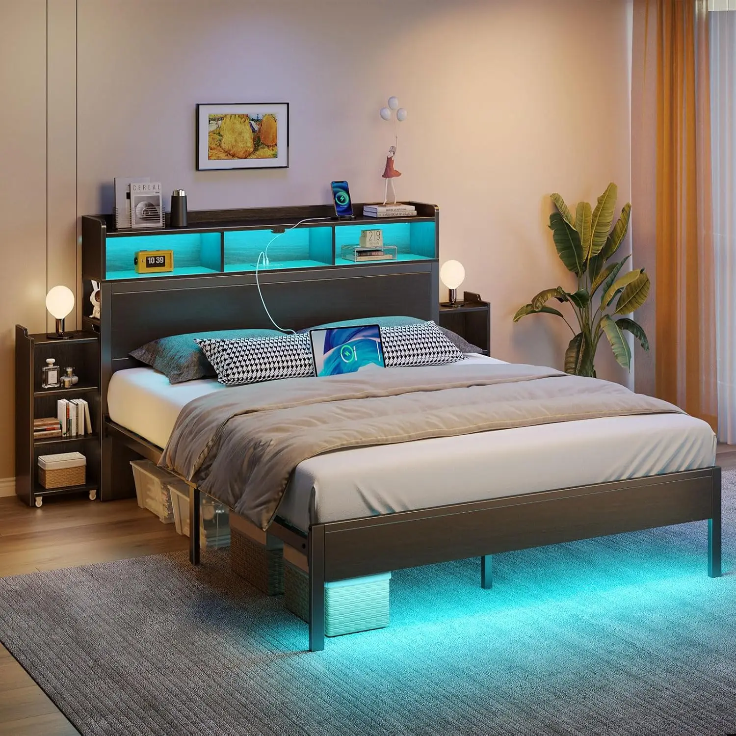 Bed Frame Queen Size with Bookcase Storage Headboard, Slide Out Bedside Storage, Bed with Charging Station & LED Lights