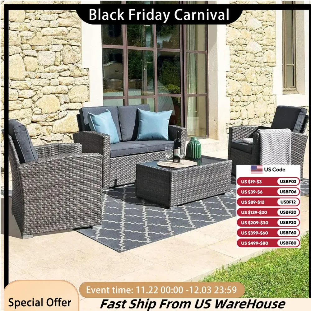 Patio Furniture Set, 4 Piece PE Rattan Wicker Sectional Patio Sofa Set with Tempered Glass Coffee Table, U-Shaped Furniture Set