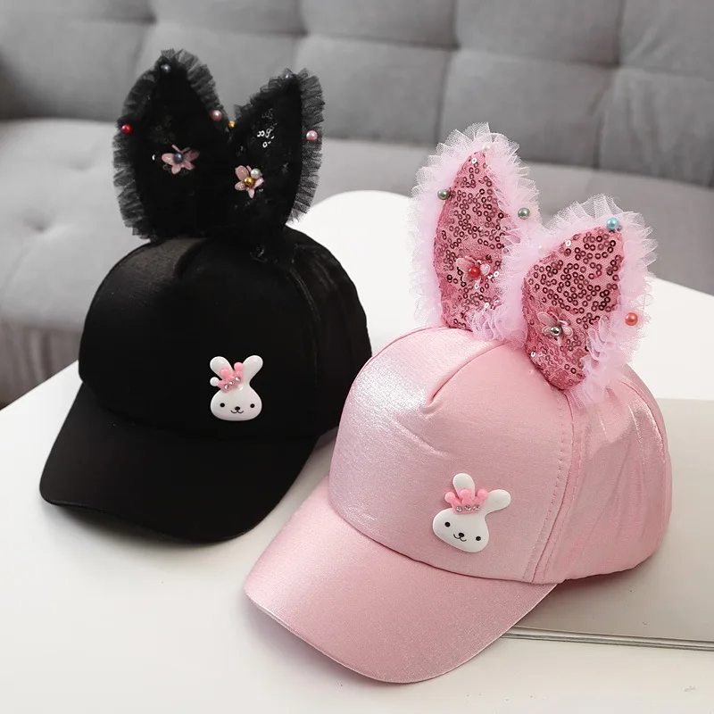 Cute Baby Hat With Ears Cartoon Rabbit Toddler Baseball Cap Sequins Kids Sun Hats Lace Infant Caps Children Accessories 1-3years