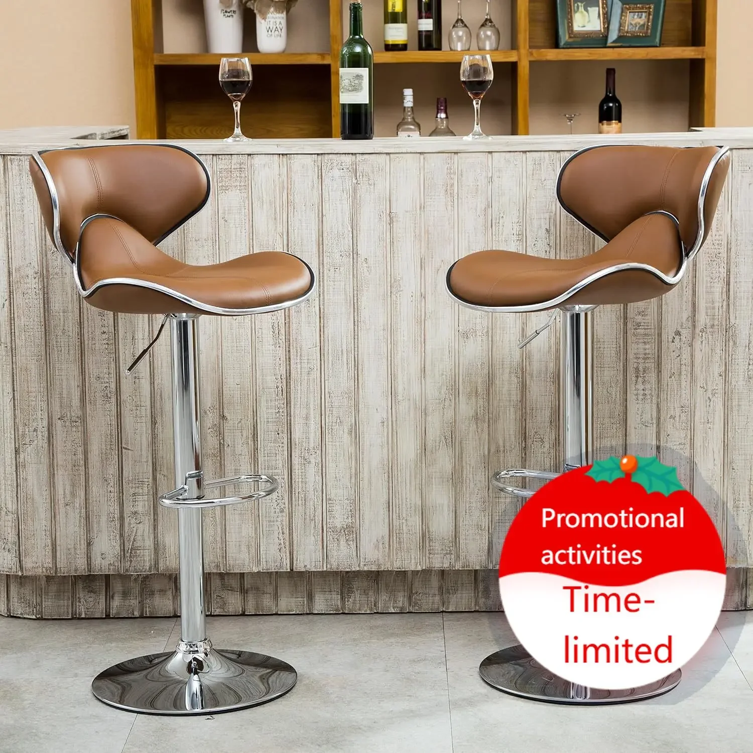Masaccio Cushioned Leatherette Upholstery Airlift Adjustable Swivel Barstool with Chrome Base, Set of 2, Caramel
