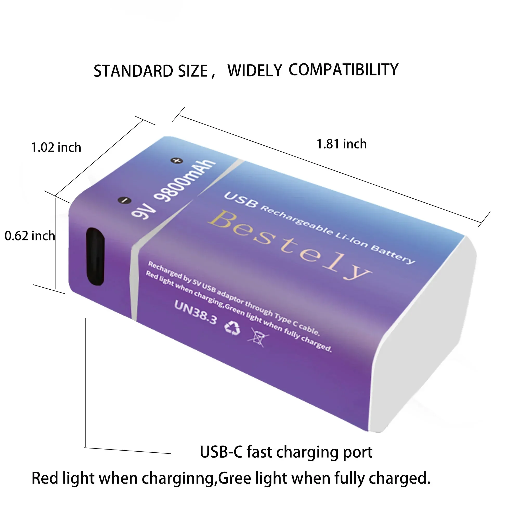 Stable 9V-9800mAh Battery USB-C Charging Rechargeable Lithium Long lasting Batteries for Multimeter/Microphone Smoke Detector