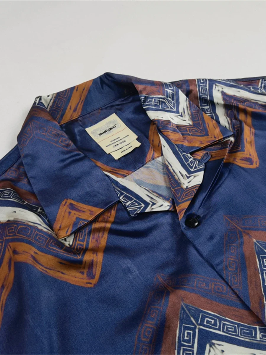 Hand Painted Geometric Full Print Vintage Hawaiian Cuban Collar Casual Short Sleeve Shirt