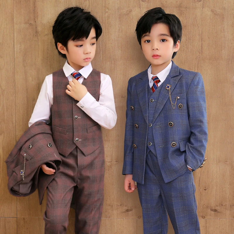 High Quality Boys Plaid Wedding Suits Double Breasted Formal Dress Kids Morning Coat Child Blazer Clothes Sets Toddler Tuxedos