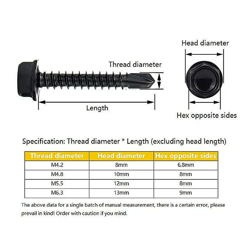 M4.2 M4.8 M5.5 M6.3 Black 410 Stainless Steel Outer Hex Washer Head Self Drilling Screw Sheet Metal Screw Drill Tail Screws