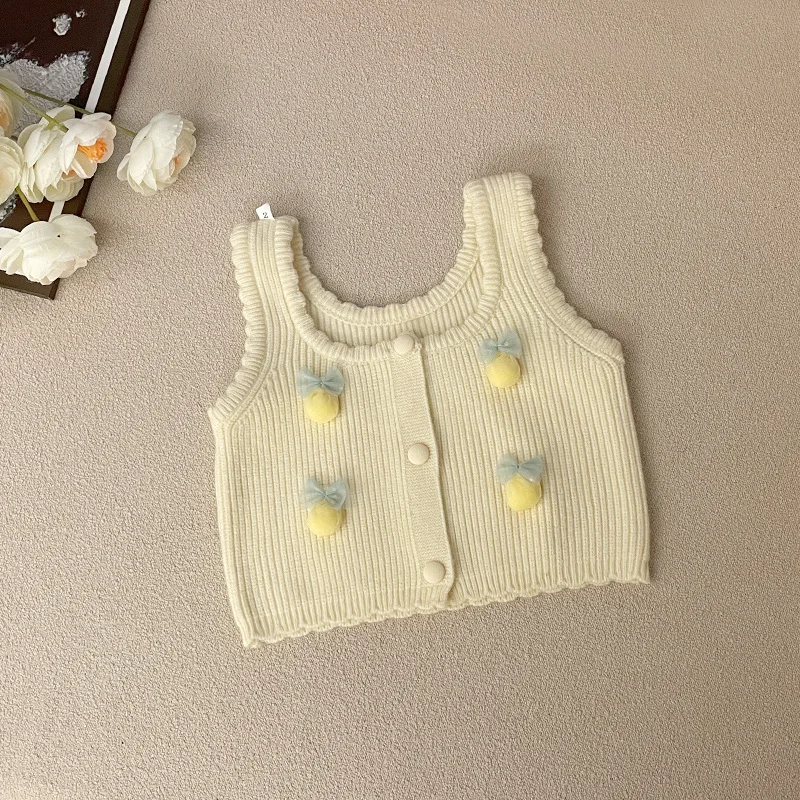 

Girls Knitted Vest Spring and Autumn New Korean Fashion Solid Color Cute Bow Knitted Vest Kids Clothes Girls