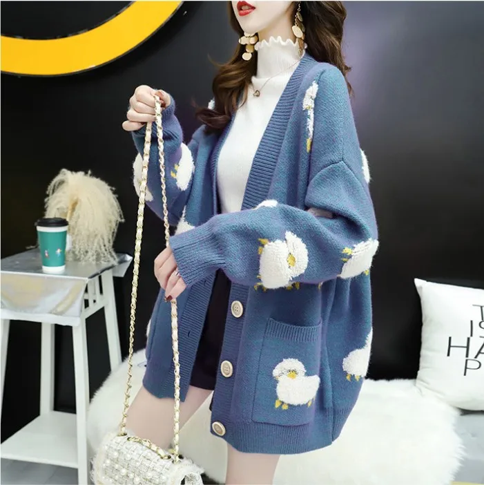 2024 New Button Pocket Women's Autumn And Winter Thickened Knitted Cardigan Lamb Jacquard Lazy Wind Long Sleeve Loose Large Size