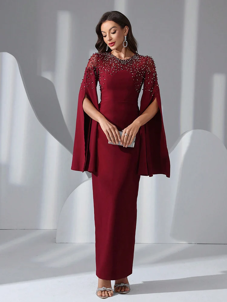 

TOLEEN Women's Beaded Elegant Extra Long Sleeve Arabian Style Dress 2024 New Luxury Crystal Formal Party Evening Wedding Dresses