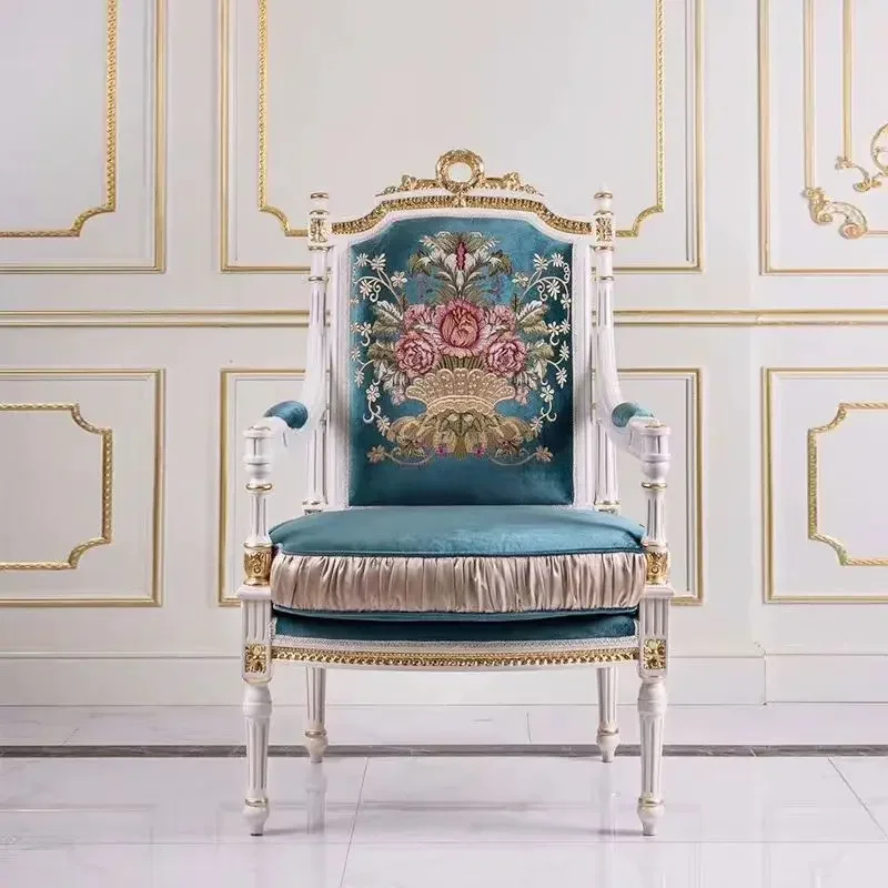 

A French solid wood armrest fabric leisure chair luxury carved European backrest single chair