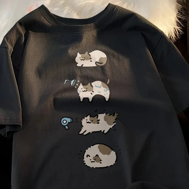 

Женская повседневная летняя дышащая футболка для пар с волосами, модная футболка с короткими рукавами и рисунком кота для купания, эстетичная одежда