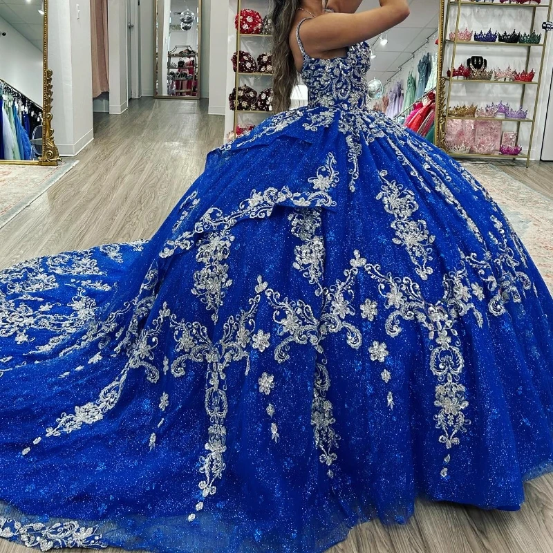 

Glitter Royal Blue Quinceanera Dress Off Shoulder Appliques Lace Beads Crystal Tull Sweet 16 Dress 2024 Vestidos De 15 Anos