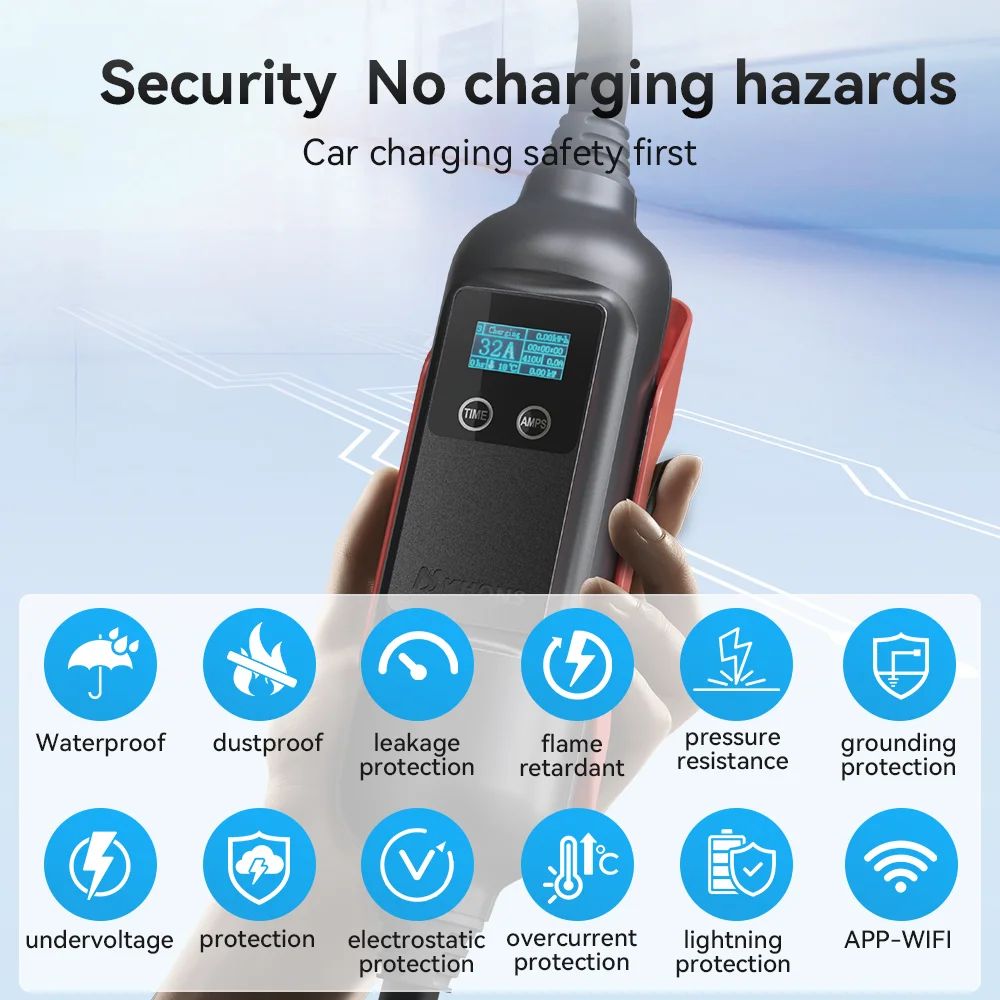 Khons Portable EV Charger Type2 32A 22KW EVSE 3Phase Charger Red CEE Plug Suitable For EV Charging WIFI-APP Control  5M Cable