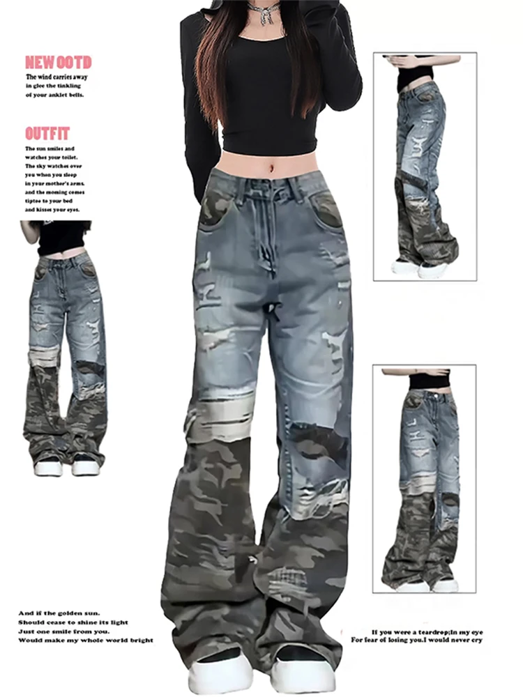 

Women Patchwork Baggy Y2k Ripped Jeans Harajuku Aesthetic Denim Trousers Japanese 2000s Style Jean Pants Vintage Trashy Clothes