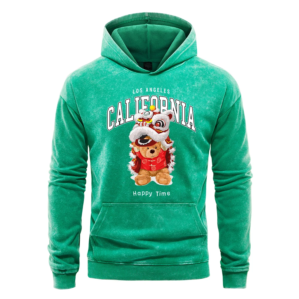 The Lion Dancing Bear Cute Print Male Washed Hoody All-Match Cotton Hoodies Pocket Loose Streetwear Casual Multicolor Hoodie