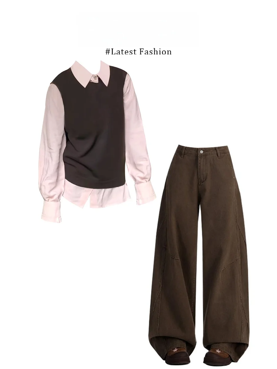 Pink  Neck Knitted Shirt Women's High Waist Wide Leg Pants Set Chic Layering Ensemble for Casual Autumn Wear by MARIE