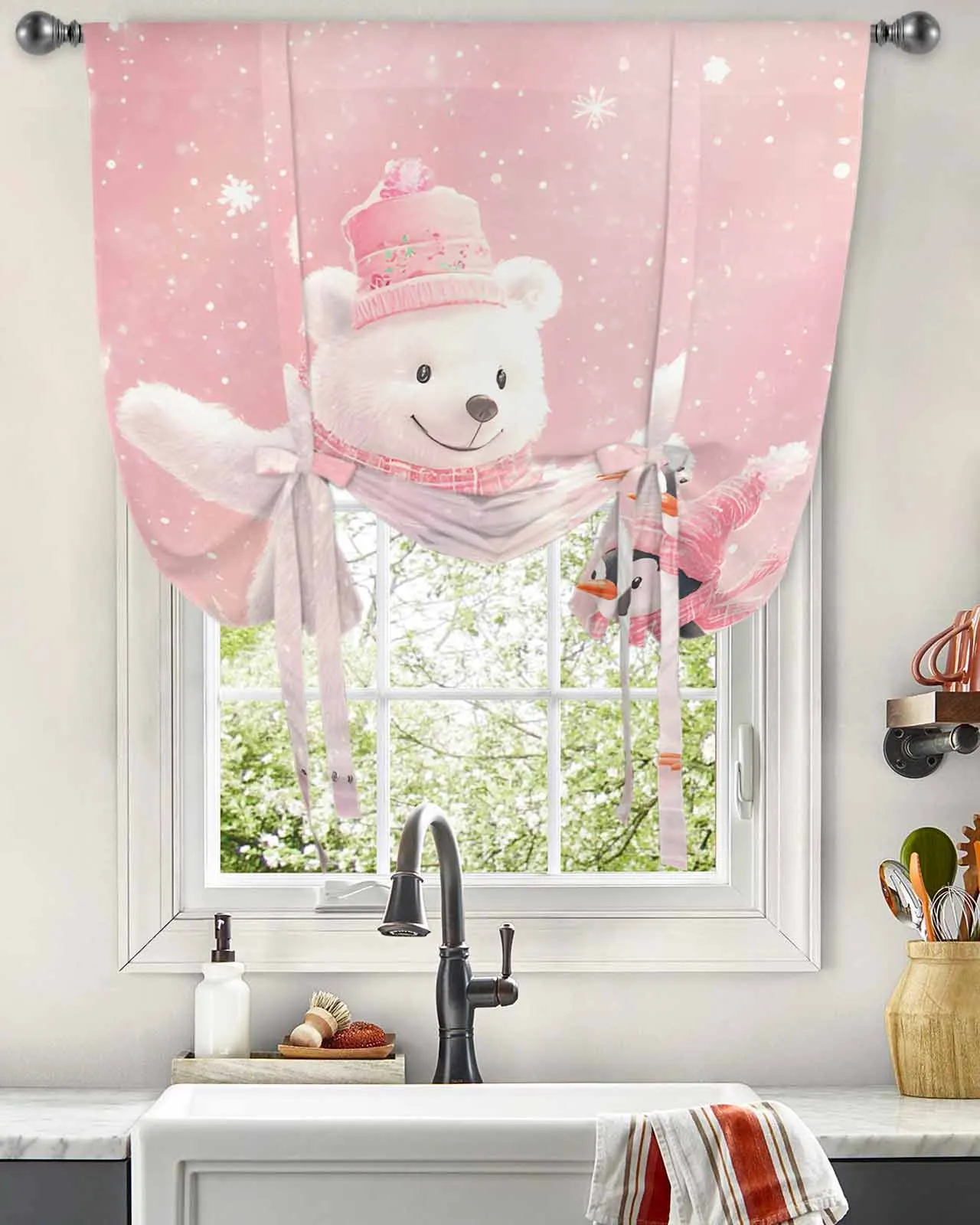 Christmas Pink White Bear Penguin Short Balloon Curtain Tie Up Valance Home Bedroom Kitchen Partition Decor Window Curtain