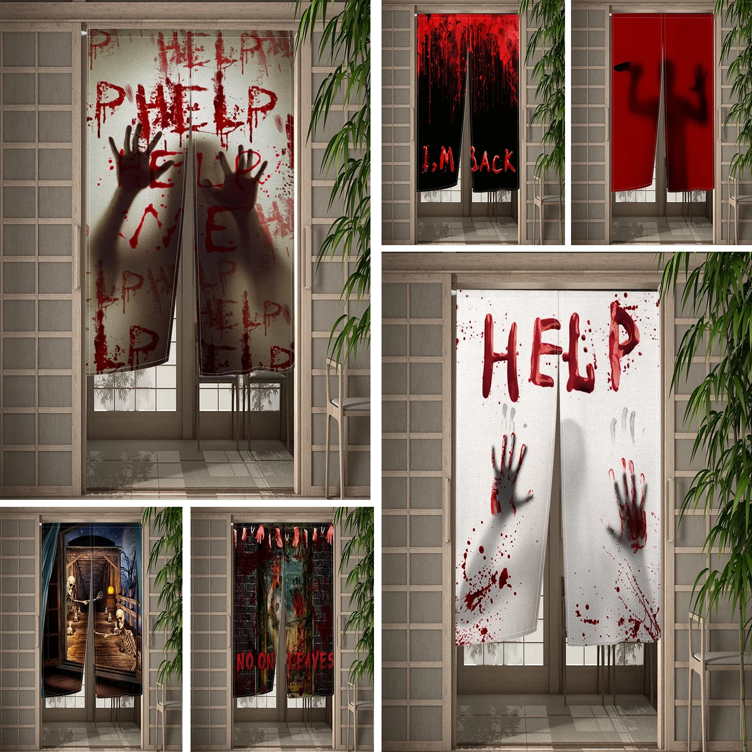 Halloween Door Decoration Bloody Hand Pumpkin Lamp Horror Theme Japanese Short Door Curtain Noren Living Room Entrance Partition