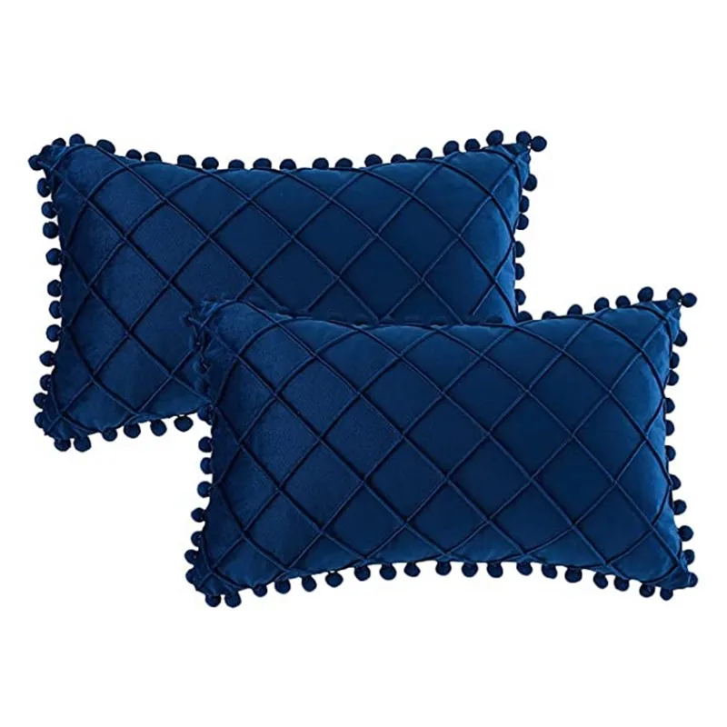 Set of 2 Boho Decorative Lumbar Throw Pillow Covers with Pom-poms Velvet Plaid Rectangle Cushion Case for Couch Sofa Bedroom Car