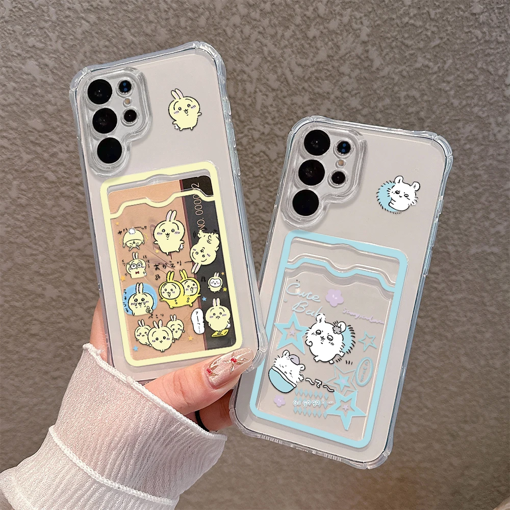 Cute anime chiikawas Card Hold Phone Case For Samsung S24 S23 S22 S21 S20 FE Plus Ultra M33 M53 M54 5G Anti-fall Clear Cover