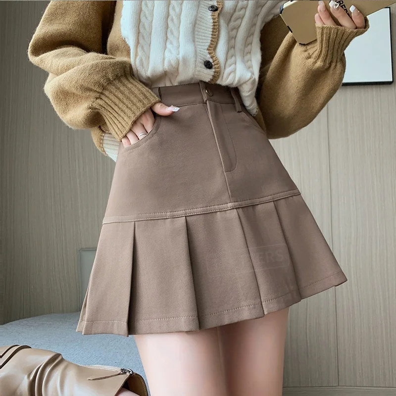 TFETTERS Women Gray Pleated Mini Skirt Spring Autumn High Waist A Line Short Skirt Anti-Exposure Casual Office Ladies Skort