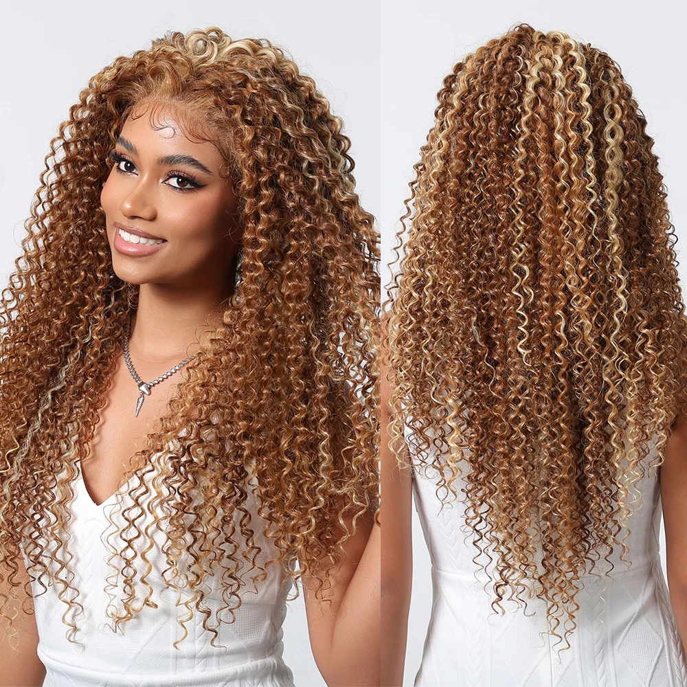 

13*6 Lace Front Afro Kinky Curly Wigs Pre Plucked Long Golden Brown Honey Blonde Highlight Deep Wave Wigs for Black Women Brazil