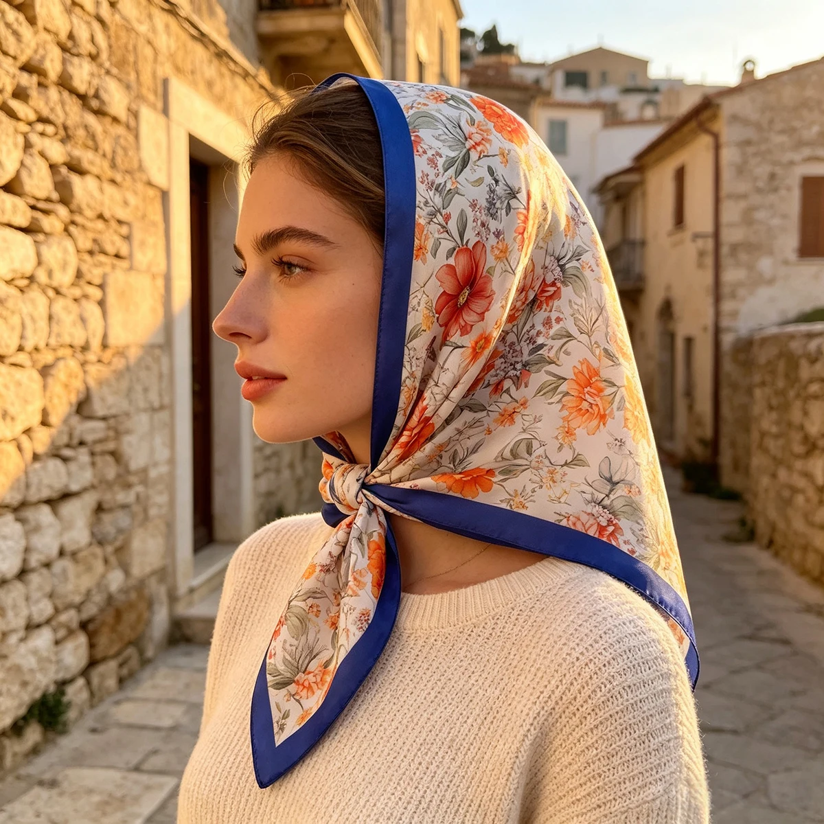 Elegant Luxury Square Scarf Floral Print Hijab Neckerchief Soft Silk Imitation Shawl for Women Fashionable Bandana