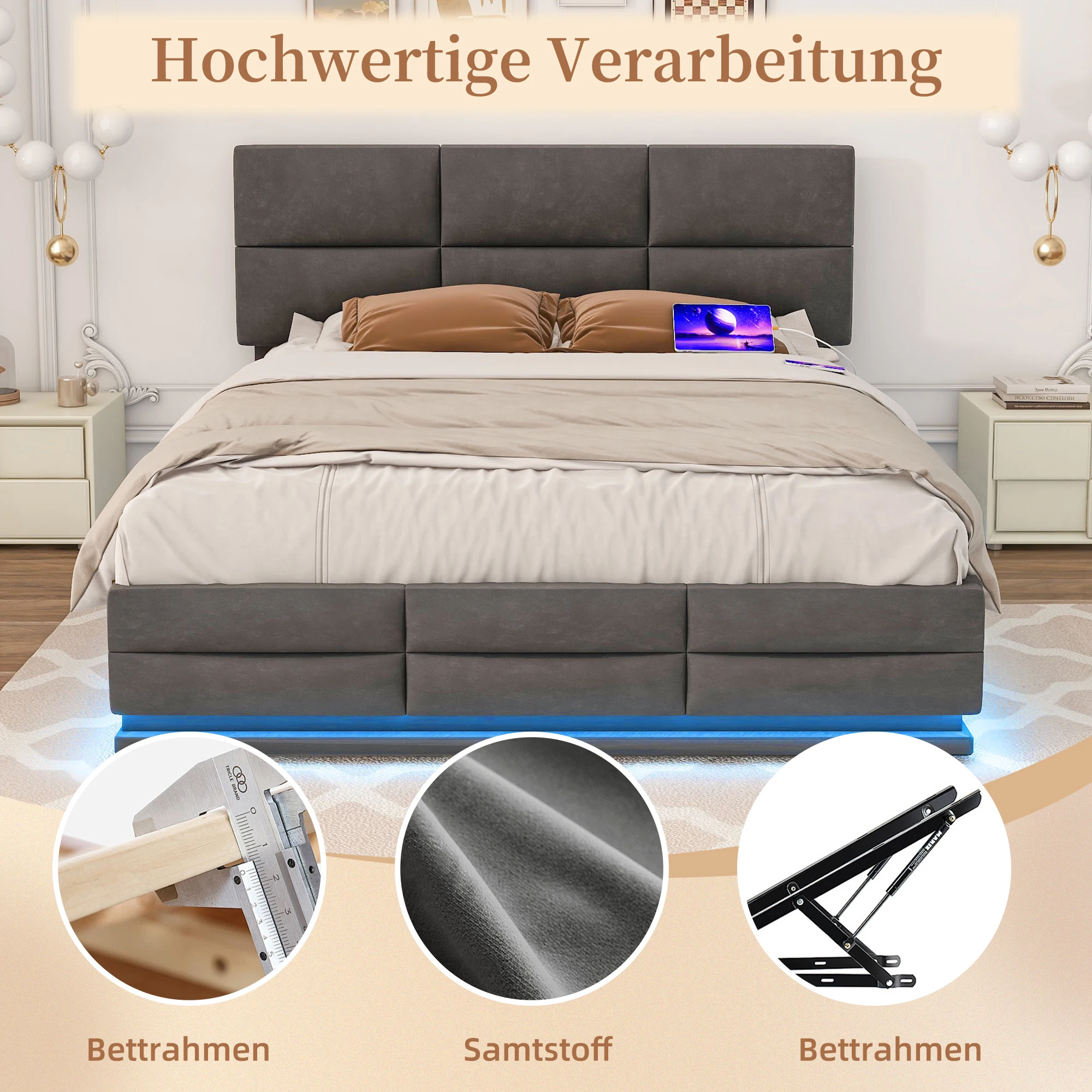 Soft velvet skin friendly fabric hydraulic system large storage bed with LED lights and USB charger SPAC